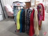 Ladies clothing and scarves, jackets, shirts, most are size L. All clothing on rack and scarves in