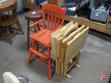 Wood TV trays in stand, painted wood high chair, needs work, and vinyl, upholstered top wood stool.