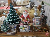 Ceramic lighted Christmas trees 20in and 9in, (2) ceramic cookie jars, candle holders and pedestal