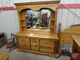 Wood dresser with lighted hutch with mirror, 2pc, 9 drawers, dresser 32inHx68inWx19inD, hutch is