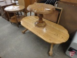 Wood coffee table and (2) occasional tables/stands. Coffee table is 48inL, round table is 24in. 3