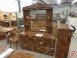 Wood dresser with lighted hutch with mirror, 2pc, 4 drawers, 2 doors, one door needs work,