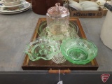 Green depression glass platter and candy dishes, pink glass snack jar, and wood framed tray. 5