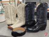 Dan Post western boot Size 10, Houston D Caro western boot Size 9.5, and leather belt.