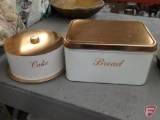 Vintage metal hinged top bread box and covered cake plate. Both