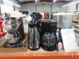 Gevalia coffee maker, Proctor Silex coffee maker, (2) air pots, carafe, and vintage double coffee