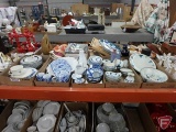 Blue/white dishware, tea set, plates, bowls, cup/saucers, pitchers. Contents of 5 boxes