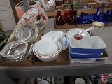 Fire King handled bowls, casserole dishes, ceramic loaf pans, glass pie plates and cake pans,
