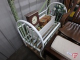 Wood crib on wheels, wood cradle, decorative clock 16inH, vintage case, artificial grapes, and