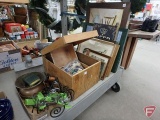 Metal items, dust pan, pot, wall candle holder, (2) wood hinged top boxes, thread/spools, and framed