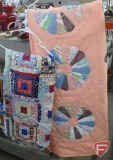 (2) homemade quilts, peach is 72inx84in, multi is 80inx62in. Both