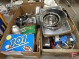 Baking items, measuring cups, funnels, cookie cutter, mixing bowls, cookie press, 3pc corkscrew