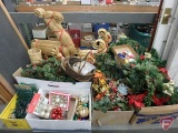 Large assortment of Christmas/Holiday decorations, ornaments, garland, straw animals, lights,