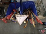 Childs golf clubs, childs metal sweeper, canes, bats, kites, batons, pool cues, metal dust pan,