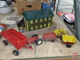 Metal toys, bunk house, wagons, tractor, wind up toys