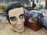 Elvis rubber mask and metal lunch box. 2 pieces