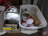 Metal bakeware, metal trays, decorative picks, 4pc glass table set, serving dishes, planters,