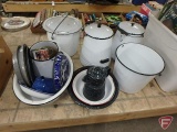 Enamel ware, coffee pots, buckets, basins, tubs, bowls, pie plates