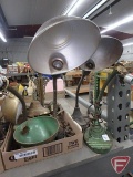 Vintage metal desk lamps and lamp parts, hanging metal fixture, car spot light.