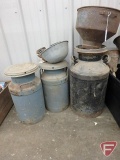 (3) milk cans, strainer, iron buggy steps, water bowl, and other metal pieces.