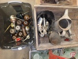 Oil cans, funnel can, funnels, fuel nozzle, sprayer. Contents of wood box and tote.