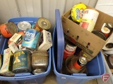 Assortment of tins, decorative and advertising. Contents of 2 totes