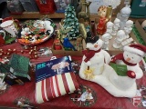 Christmas/Holiday items, mugs, glasses, platters, nativity sets, brass deer, figurines, table cloth