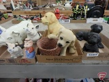 Figurines, dogs and pigs, black lab is sandcast. Contents of 3 boxes