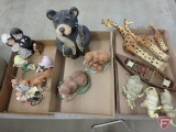 Figurines, giraffes, elephants, bears, elves and others, ceramic, wood, and resin.