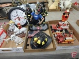 Fire Department items, figurines, wall clock, dalmatian dog figurines, replica fire trucks,