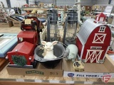 Musical Cookie Barn, pig figurines, (2) Dietz oil lanterns, Hall Brothers metal truck, and Kelly