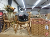 Wicker and wood items, assorted baskets, doll/decorative furniture, hamper, cow basket,