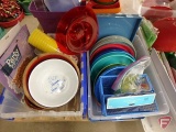 Picnic and plastic items, trays, cutlery, bowls, dishware, table coverings, napkins, mesh bowls.