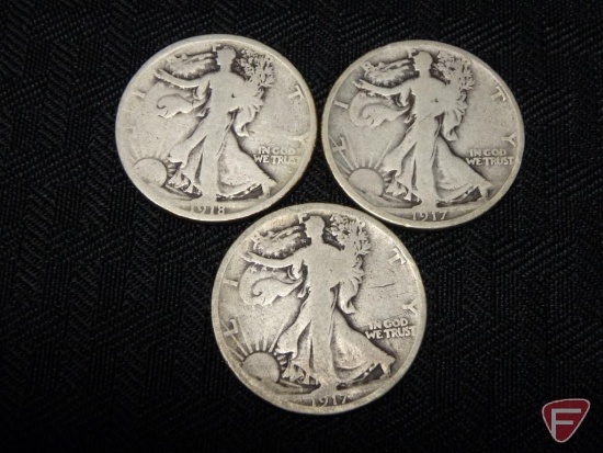 Walking Liberty half dollars, 917, good, 1917S, good, and 1918, AG to good. 3 coins