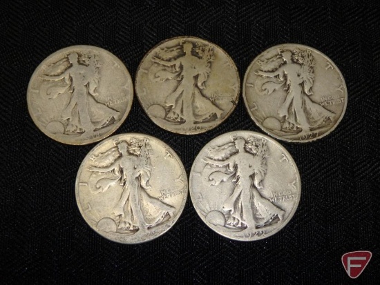 Walking Liberty half dollars,1918S, AG, 1920, AG, 1927, good, 1929D, good, and 1929S, AG. 5 coins