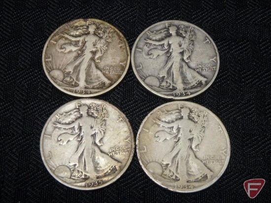 Walking Liberty half dollars, 1934, VG, 1934D, good, 1934S, VG or better, and 1935, VG. 4 coins