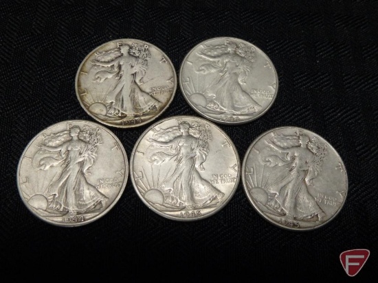 Walking Liberty half dollars, 1944, VF, 1944D, VF, 1944S, fine to VF, 1945, VF, and