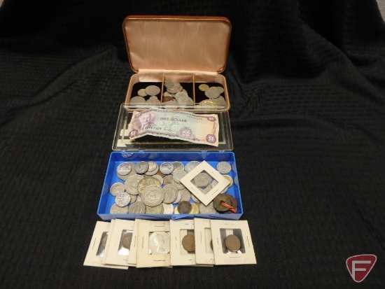 (2) containers of foreign coins, approx 30 and 50 plus, respectively, Bank of Jamaica one dollar