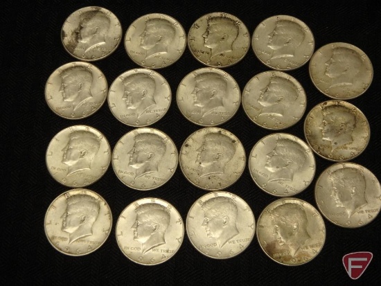 (19) 1964 90 percent silver Kennedy half dollars, circulated condition