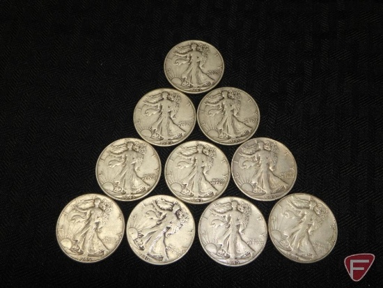 (10) Walking Liberty half dollars, average circulated condition, VG or better