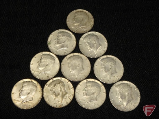 40 percent silver Kennedy half dollars (10) circulated