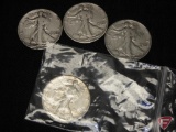(4) Walking Liberty halves, 3-polished, 1-1945D AU, 4 coins