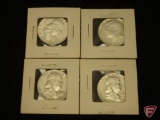 (3) misc date Franklin half dollars and 1964 90 percent Kennedy half dollar. 4 coins