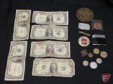 (11) misc tokens/metals, early Playboy lighter, (5) misc Silver Certificates,