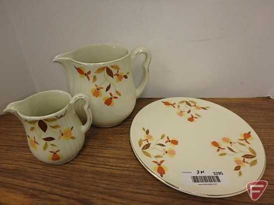 Hall's Superior Quality Dinnerware, Autumn Leaf pattern, serving dish, cream, and pitcher