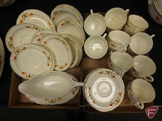 Hall's Superior Quality Dinnerware, Autumn Leaf pattern, gravy boat, teacups and saucers