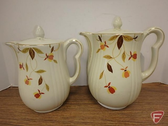 Hall's Superior Quality Dinnerware, Autumn Leaf pattern, pitchers with lids, tallest one is 8 in. H