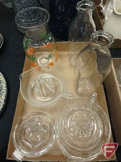 Orange juicers, salt and pepper, vinegar cruets, and glasses, both boxes