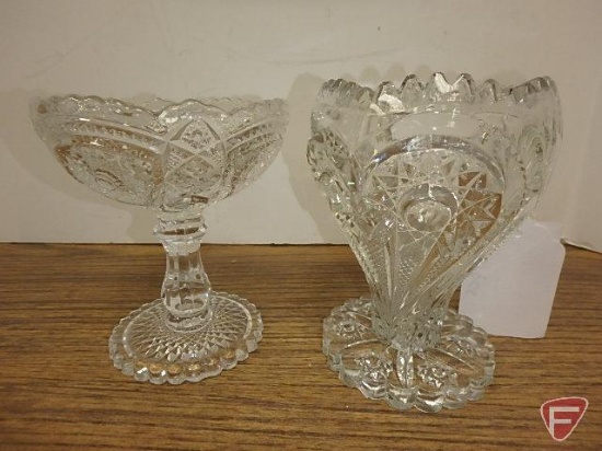 Cut glass, bon bon dishes, covered butter dish, candle holder, and cake plate