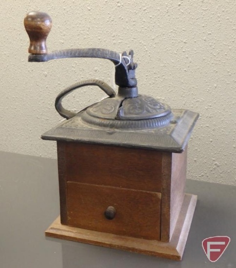 Vintage coffee grinder, kerosene lamps, all three